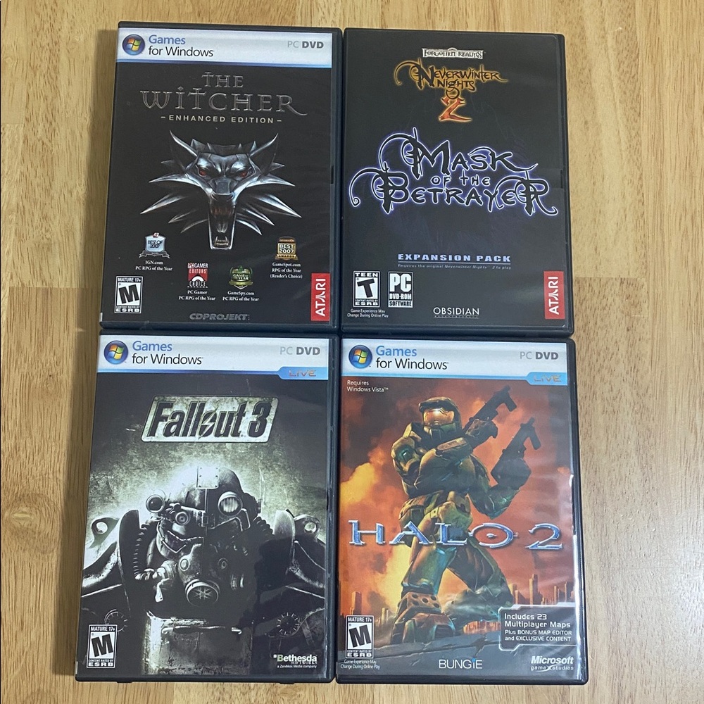 4 VINTAGE PC Games--Fallout 3, Never Winter Nights 2, The Witcher, Halo 2
